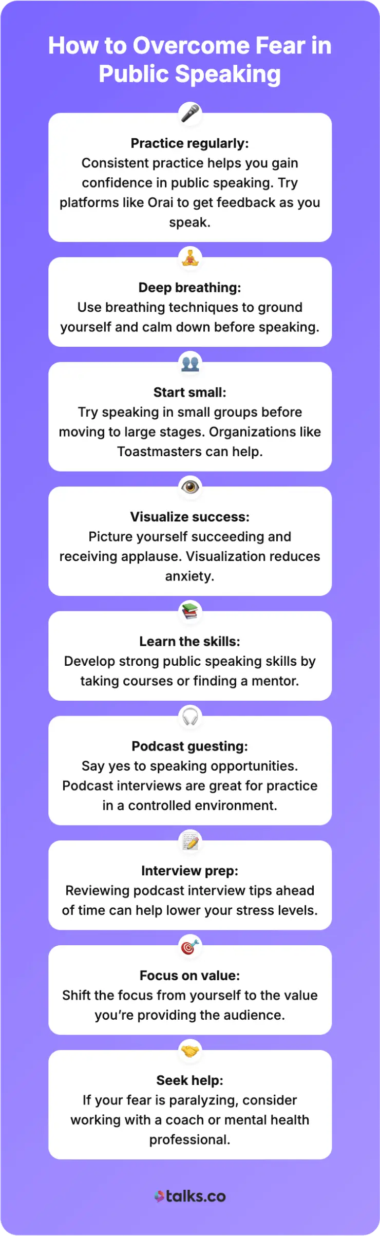 Overcome public speaking anxiety with practical tips like breathing techniques, practice, visualization, and podcast guesting.