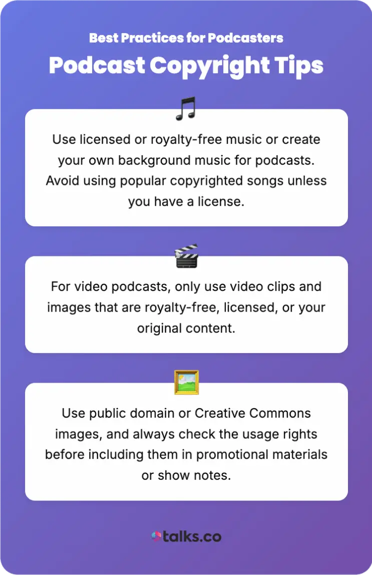 Podcast copyright tips that help podcasters avoid legal issues when using music, video clips, and images