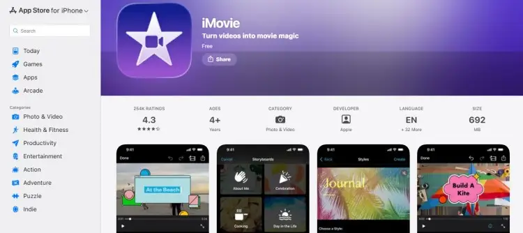 iMovie app listing on the Apple App Store shown as podcast editing and recording software for creating and editing audio and video content.
