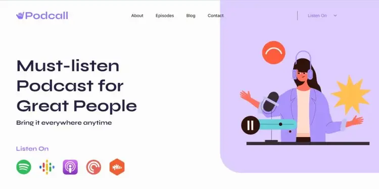Podcast marketing landing page template showing a modern podcast homepage with host illustration, listen buttons, and promotional layout.