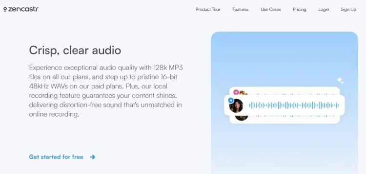 Podcast software interface highlighting crisp, clear audio quality with local recording, high-resolution WAV files, and online podcast recording features.