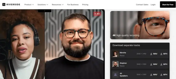 Recording a podcast online using a remote interview platform, showing two speakers on video with separate audio and video track downloads.