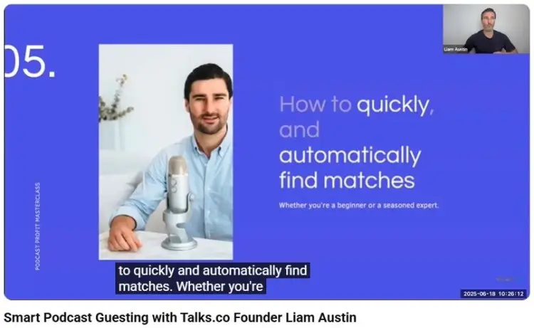 Presentation slide showing a speaker explaining how podcasting can help guests quickly and automatically find podcast matches.