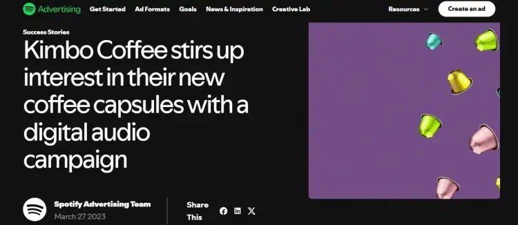 Sponsorship ads example showing a Spotify digital audio campaign promoting Kimbo Coffee capsules