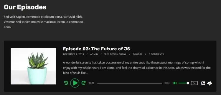 Successful podcast episode listing showing Episode 03 The Future of JS with audio player, episode details, and modern website layout.