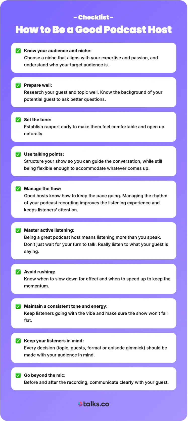 Podcast host must follow this checklist to prepare, manage conversations, and deliver a great listening experience