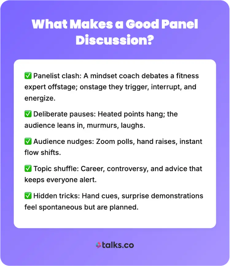 Checklist graphic explaining what makes a good panel event, including panelist clash, deliberate pauses, audience interaction, topic shifts, and planned surprises.