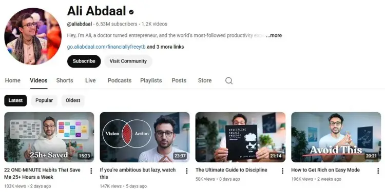 Ali Abdaal YouTube channel homepage showing 6.53 million youtube subscribers and popular productivity and self-improvement videos.