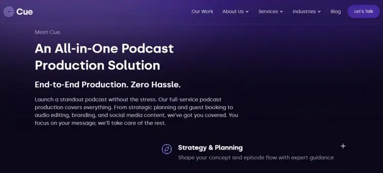Website banner promoting an all-in-one podcast solution offering end-to-end services for quality production, including strategy, planning, editing, and branding.