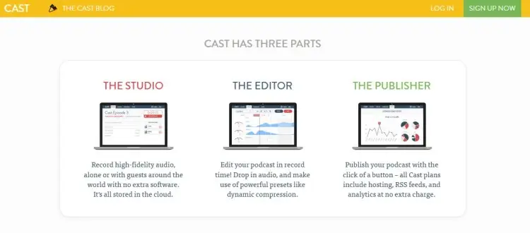 Cast podcast platform overview showing studio, editor, and publisher tools as software for your needs in recording and publishing