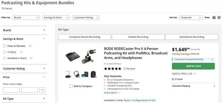 Online store page showing podcasting kits and equipment bundles with pricing and features to help creators create a podcast studio setup.