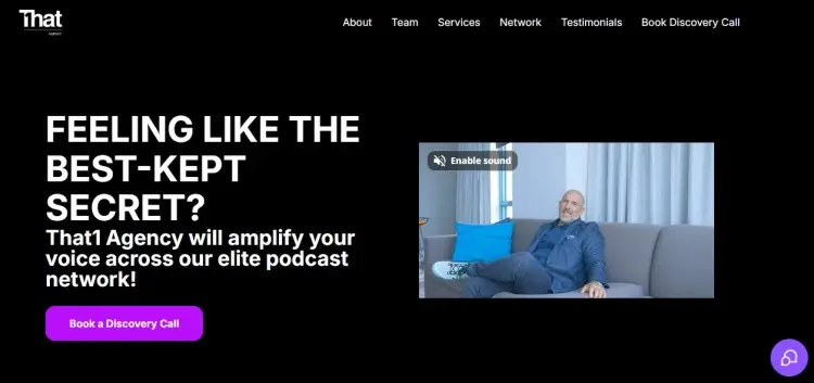 Podcast agency website banner encouraging experts to elevate their voice through elite podcast networks and discovery calls.