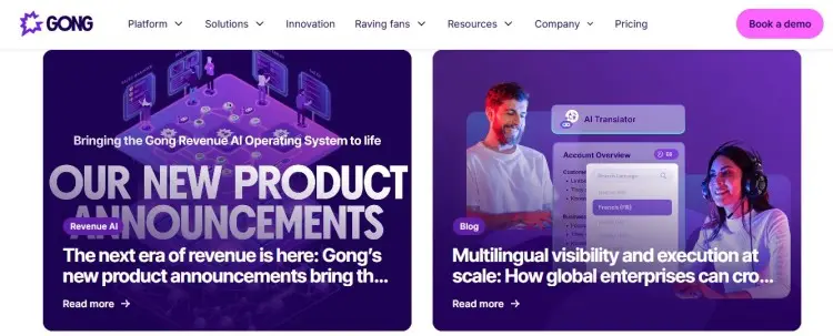 Gong website product announcements showing what a landing page look like for a B2B SaaS company with clear messaging and CTAs