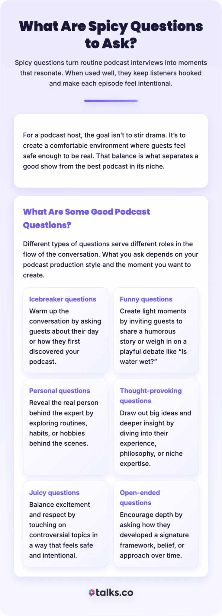 Infographic explaining how to ask great questions on a podcast, including icebreaker, funny, personal, thought-provoking, juicy, and open-ended question types.