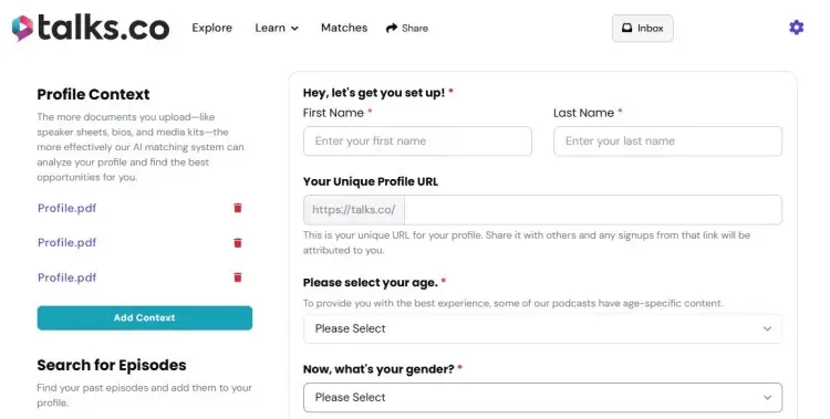 Talks.co profile setup screen showing how users create one speaker profile by entering personal details, uploading documents, and generating a unique profile URL.