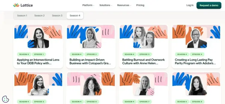 Lattice podcast episode grid showing how a landing page helps visitors browse seasons, episodes, and expert discussions
