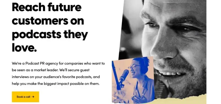 Website banner for a PR agency in the podcast guest booking industry promoting guest interviews and brand visibility on popular podcasts.