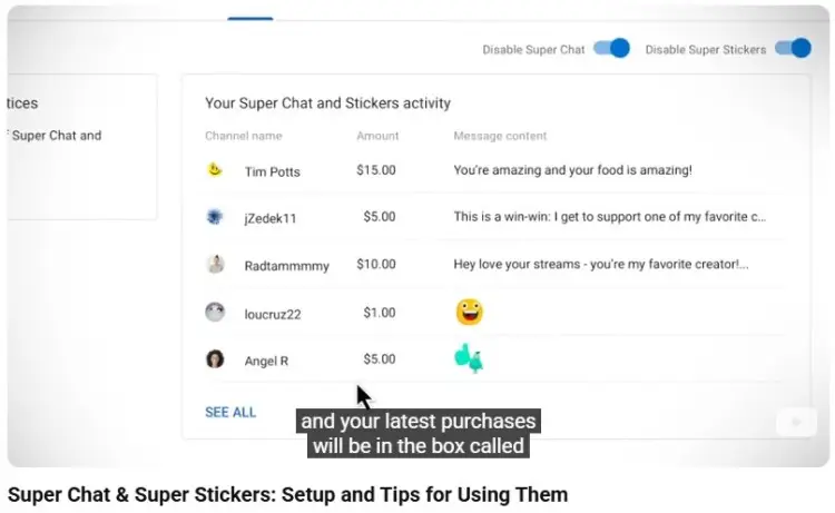 YouTube dashboard screenshot showing Super Chat and Super Stickers activity as part of making money from youtube through live stream viewer payments.