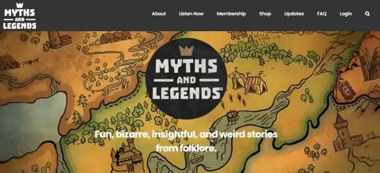 Myths and Legends podcast homepage featuring a themed topic focused on folklore and legendary stories.