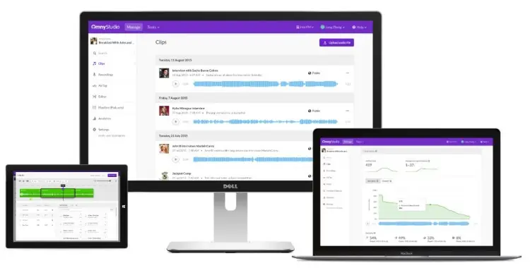 Podcast manager dashboard displayed across desktop and laptop screens showing episode management, clips, and analytics.