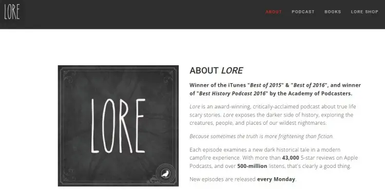 Lore podcast show page featuring a series focused on historical events and real-life stories.
