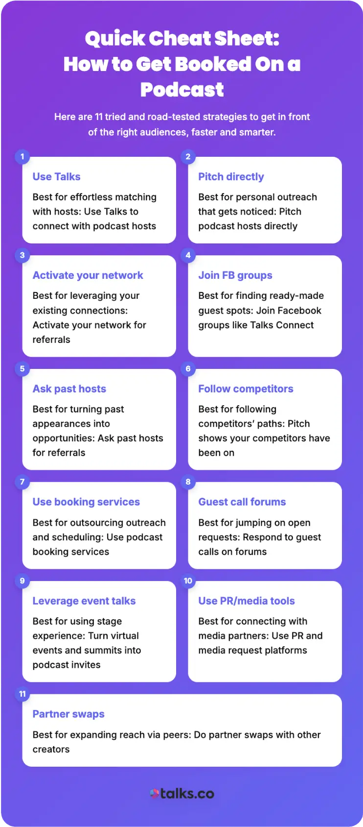 Quick cheat sheet showing podcast guesting strategies that help you get booked on podcasts through outreach, referrals, and partnerships