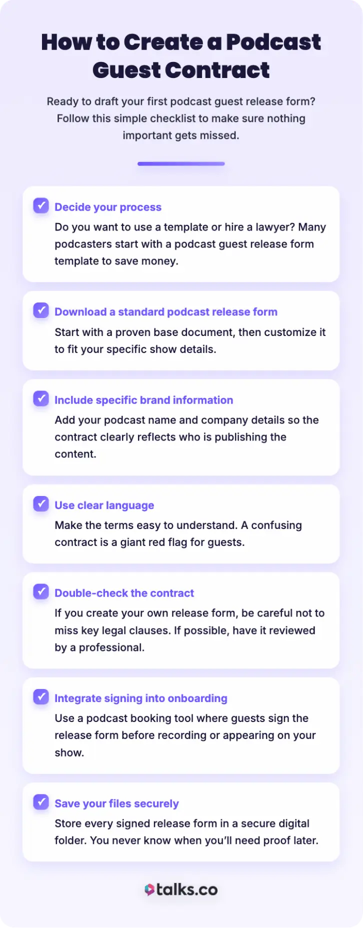 Infographic explaining podcast legal steps for creating a podcast guest contract, including release forms, clear language, and secure file storage.