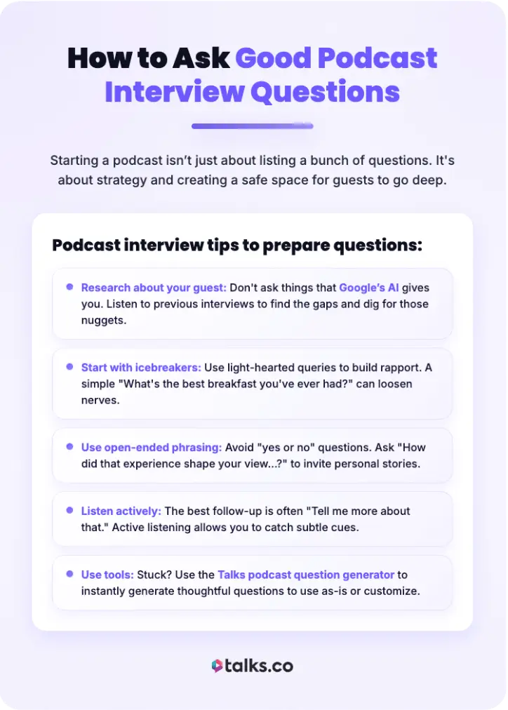 Infographic on podcasting explaining how to ask good podcast interview questions with tips on research, icebreakers, and active listening