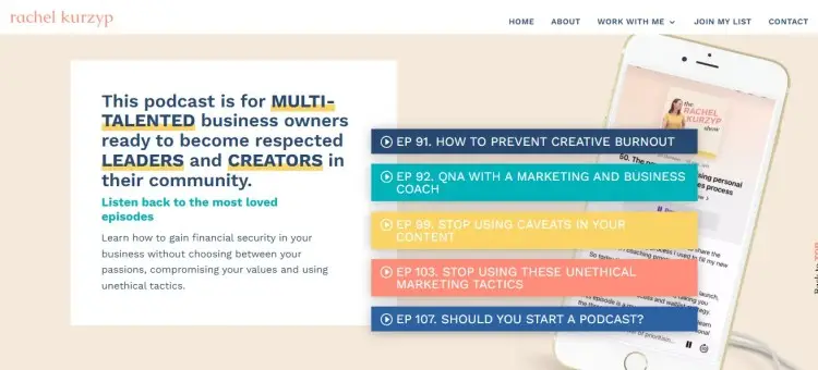 Rachel Kurzyp podcast homepage showing a page to attract multi-talented business owners with featured episodes and clear messaging