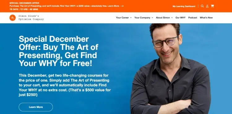 Renowned public speaker promoting an online presenting course and leadership program on a professional website banner