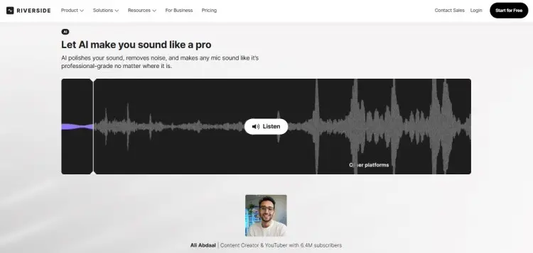Riverside AI audio enhancement tool interface showing waveform and sound polish feature for high-quality podcast production
