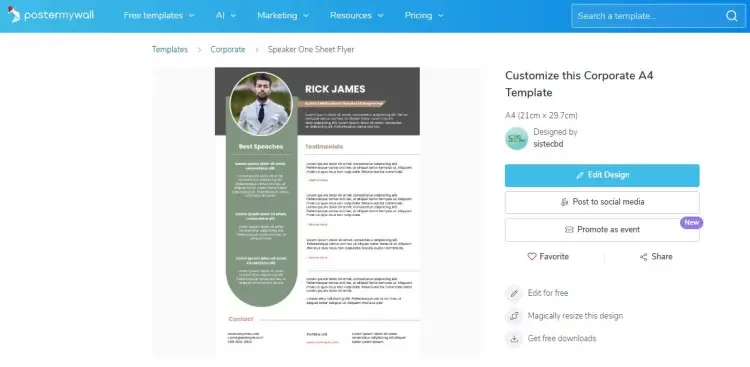 Corporate speaker one sheet flyer template showing a clean layout for speakers who want something simple and easy to customize