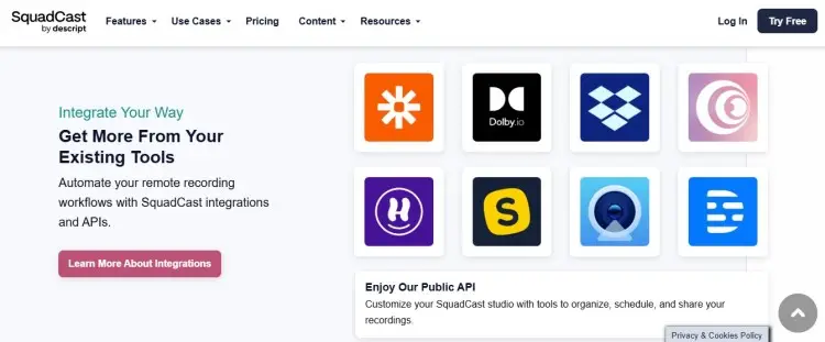 SquadCast integrations page showing software like Zapier, Dolby, and other tools for remote podcast recording workflows