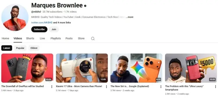 Screenshot of a popular tech youtube channel homepage showing subscriber count, video library, and recent uploads.