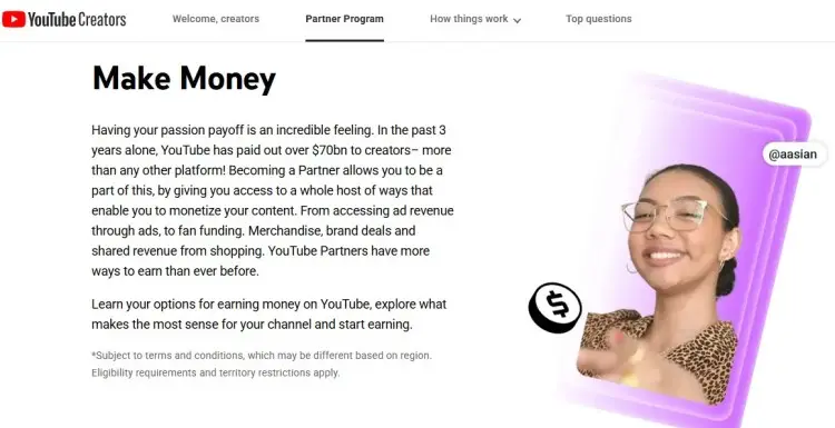 YouTube Creators Partner Program page explaining how to make money on youtube through ads, brand deals, and merchandise.