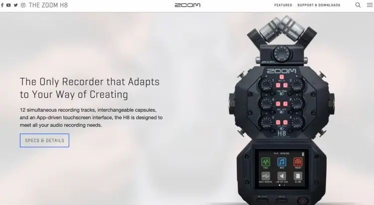 Zoom H8 portable recording device with multi-track controls and interchangeable microphones for podcasting and audio production