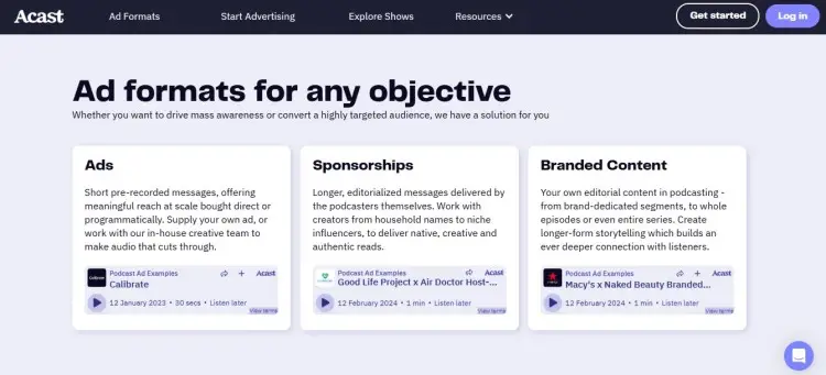 Advertising platform page showing different ad options where services include podcast ads, sponsorships, and branded podcast content.