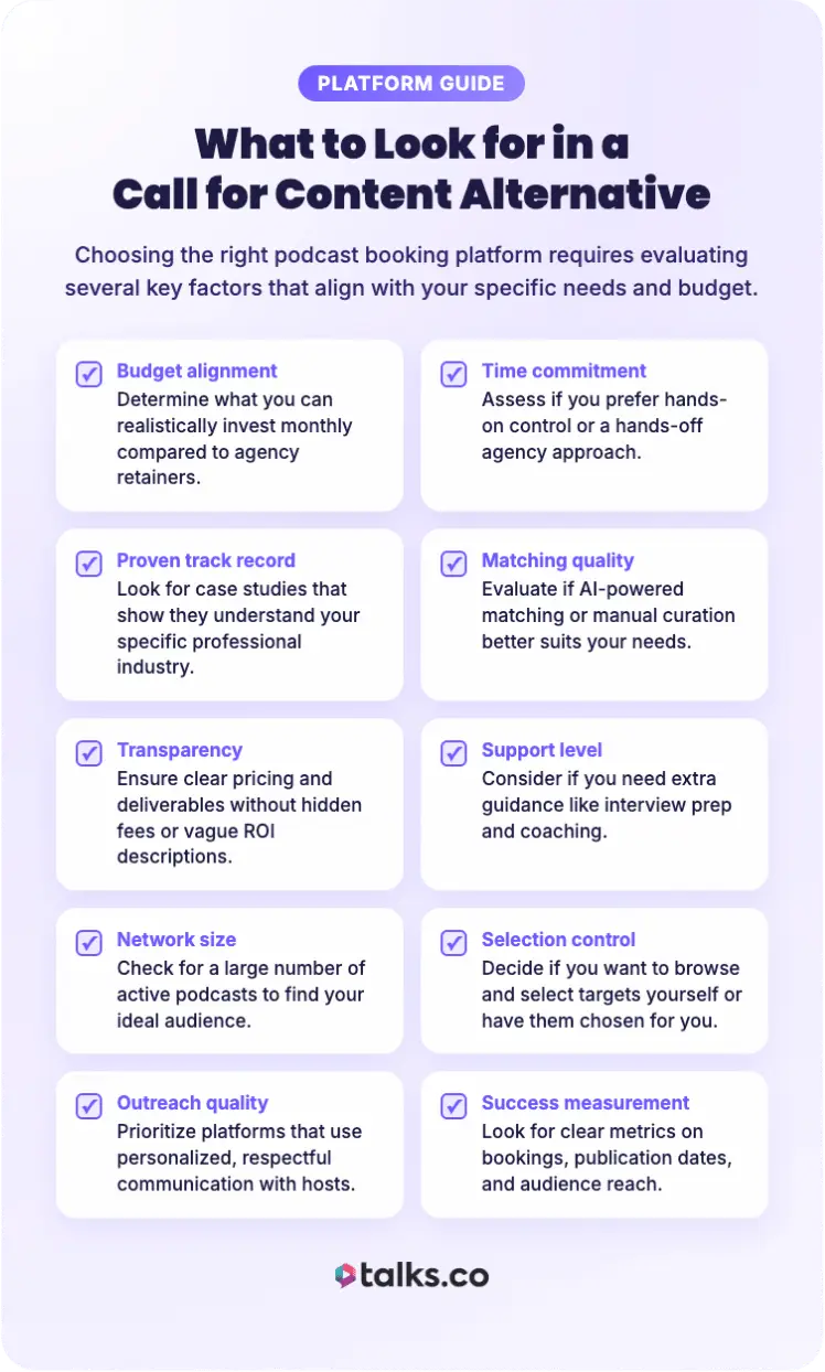 Infographic showing key factors to evaluate when doing research on a call for content alternative, including budget alignment, matching quality, transparency, and network size.