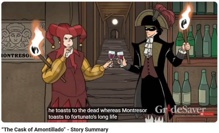 Illustrated scene from The Cask of Amontillado where Montresor and Fortunato share a drink, a classic moment full of dramatic irony because the audience knows Montresor’s deadly plan.