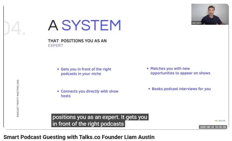 Presentation slide explaining a content and podcasting strategy that helps experts get featured on the right podcasts and connect with show hosts.