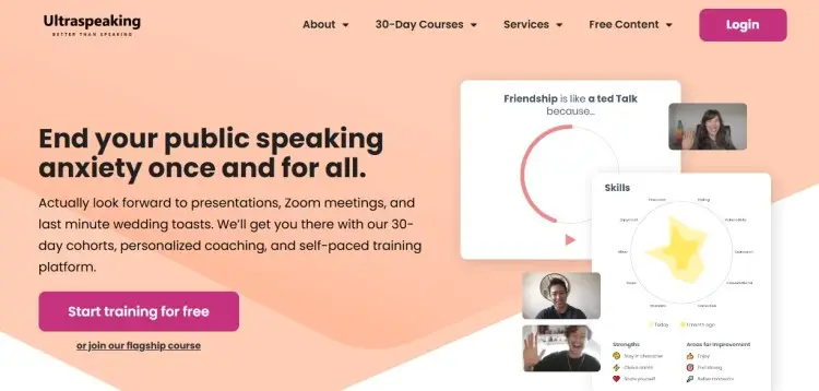 Ultraspeaking website homepage offering coaching and courses to overcome fear of public speaking and build confidence for presentations and meetings.