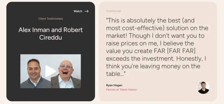 Client user testimonial for a b2b podcast agency featuring Alex Inman and Robert Ciredu, highlighting positive feedback and strong results