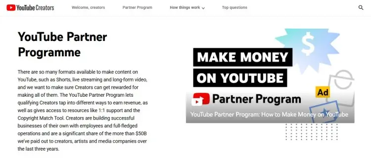 Screenshot of the YouTube Partner Program page explaining how creators use YouTube to monetize content and earn revenue.