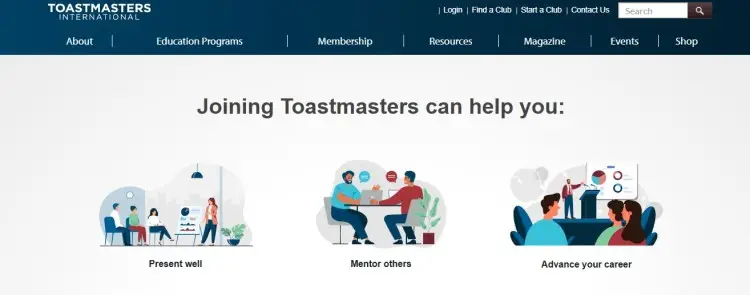 Toastmasters International webpage showing how joining can help you hone public speaking, mentoring, and leadership skills.