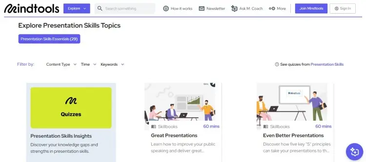MindTools presentation skills page featuring quizzes and learning modules as resources to help improve public speaking and presentation delivery.