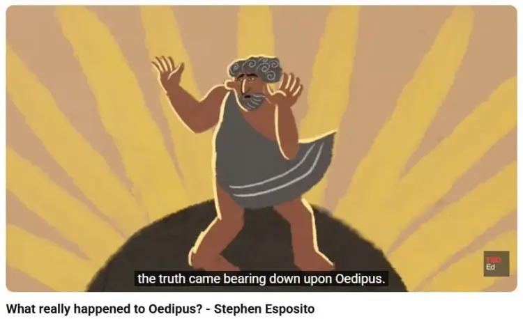 Illustration of Oedipus from the Greek tragedy where the audience realizes that Oedipus is the killer long before the character discovers the truth himself.