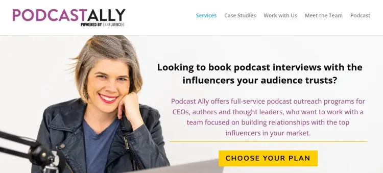 Website banner for Podcast Ally promoting a podcast guest booking service that helps experts and authors secure podcast interviews with trusted influencers.