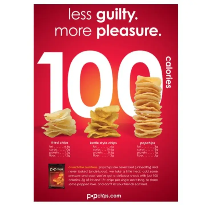 Popchips advertisement showing calorie comparison as an example of logos in advertising using data to persuade consumers