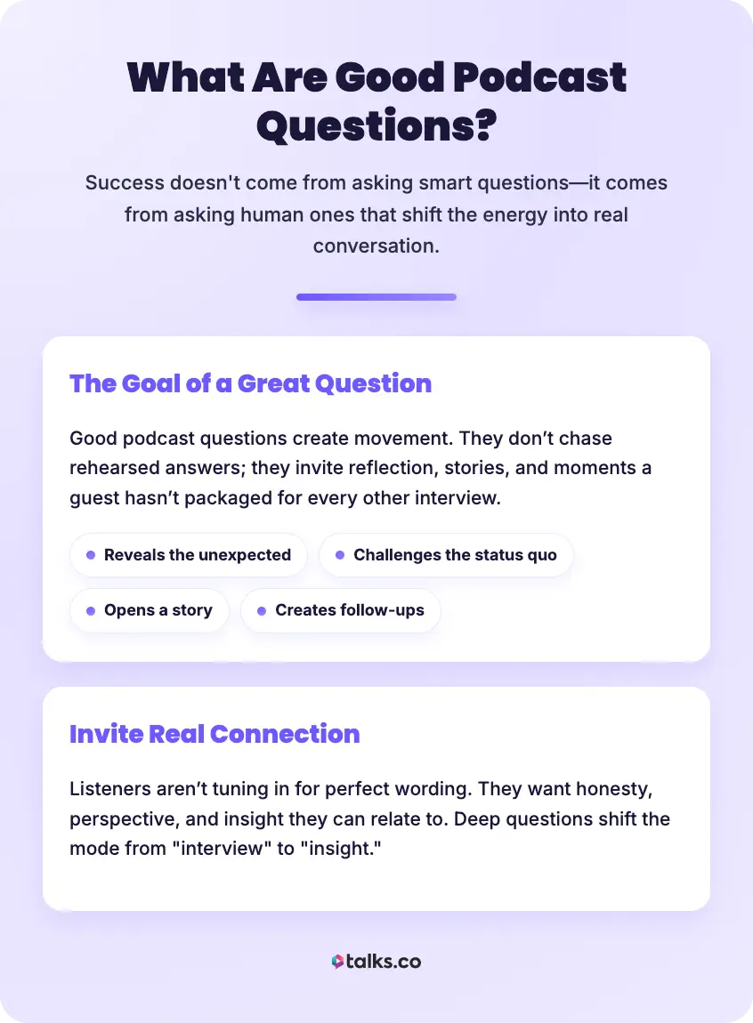 Infographic explaining questions that engage podcast audiences by encouraging reflection, storytelling, and meaningful conversation