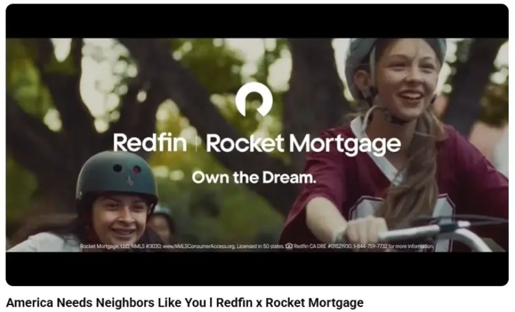 Scene from a Redfin and Rocket Mortgage advertisement showing children riding bikes in a neighborhood to promote the dream of homeownership.